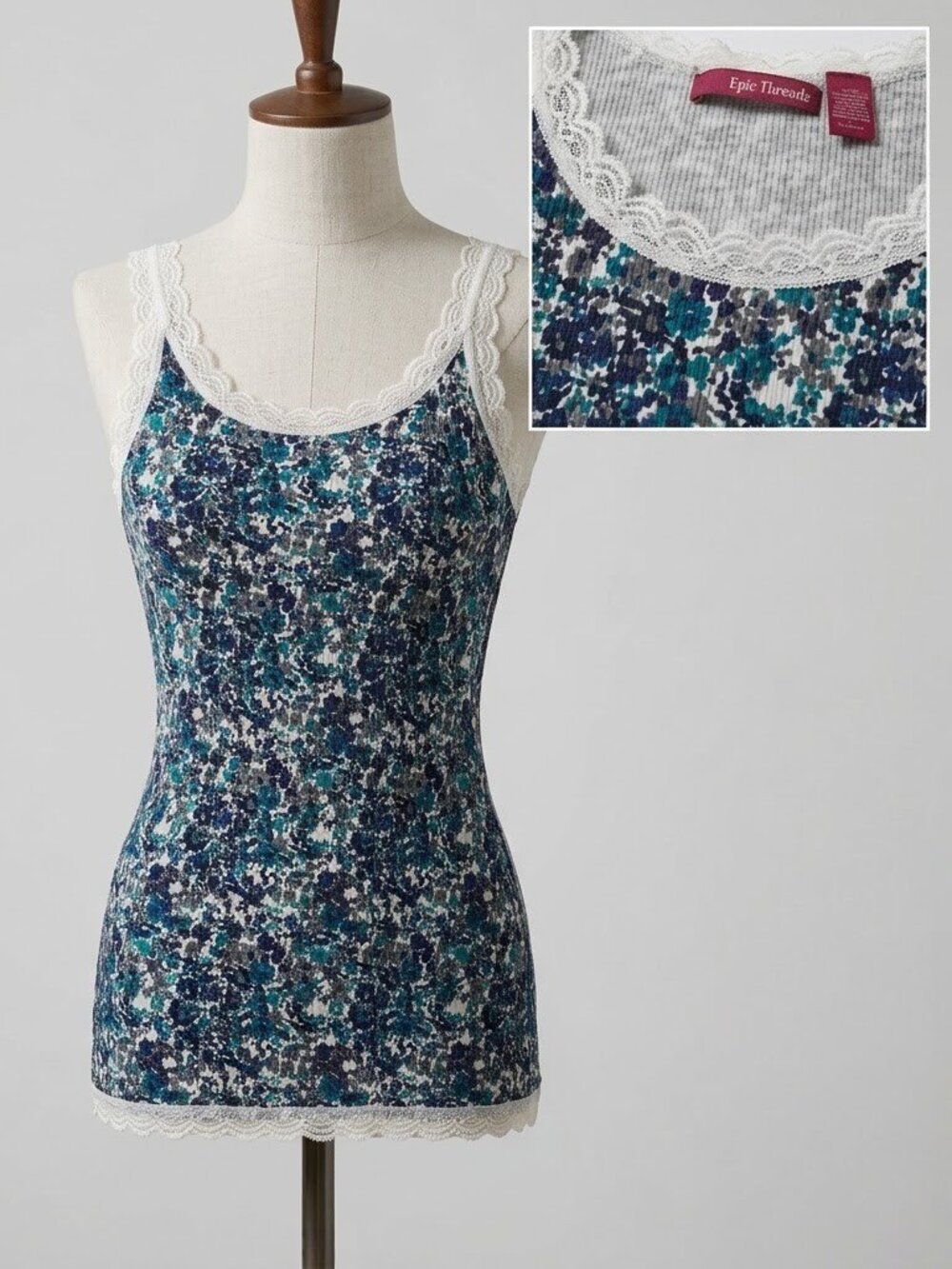 Epic Threads Girls XL 14/16 Blue Teal Floral Lace Trim Ribbed Cami Tank Top